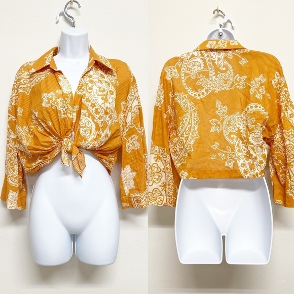 Zara Womens Orange Paisley Print Knotted Crop Top Button Up Blouse Size S - Picture 2 of 8